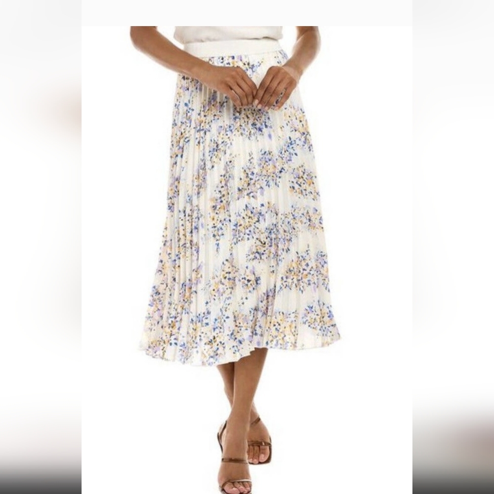 Vince Camuto Pleated Midi Skirt Size Small Ivory Blue Lavender Lined Womens